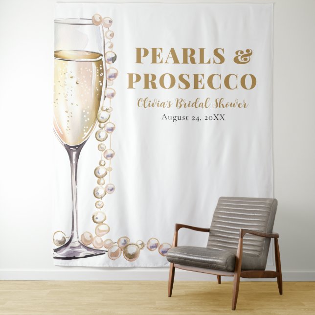 Pearls and Prosecco Bridal Shower Photo Backdrop Tapestry (In Situ)