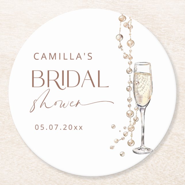 Pearls And Prosecco Bridal Shower Round Paper Coaster (Front)