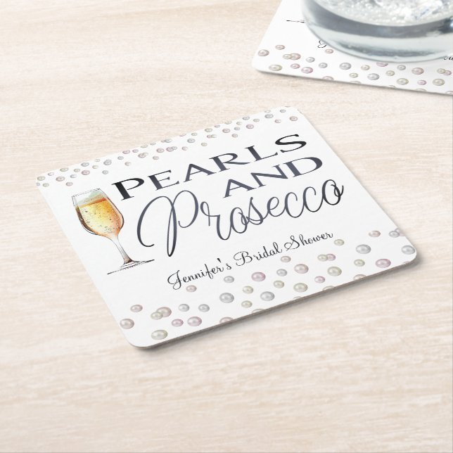 Pearls and Prosecco Bridal Shower Square Paper Coaster (Angled)