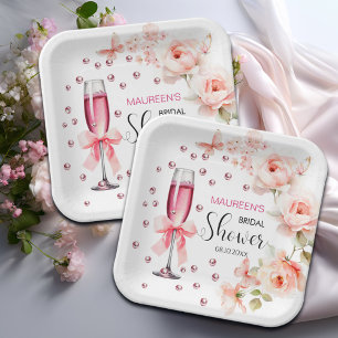 Pearls and Prosecco Dusty Pink Roses Bridal Shower Paper Plate