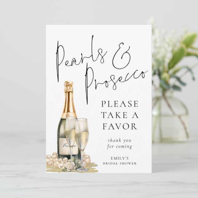 Pearls and Prosecco Favour Bridal Shower Sign Card (Standing Front)