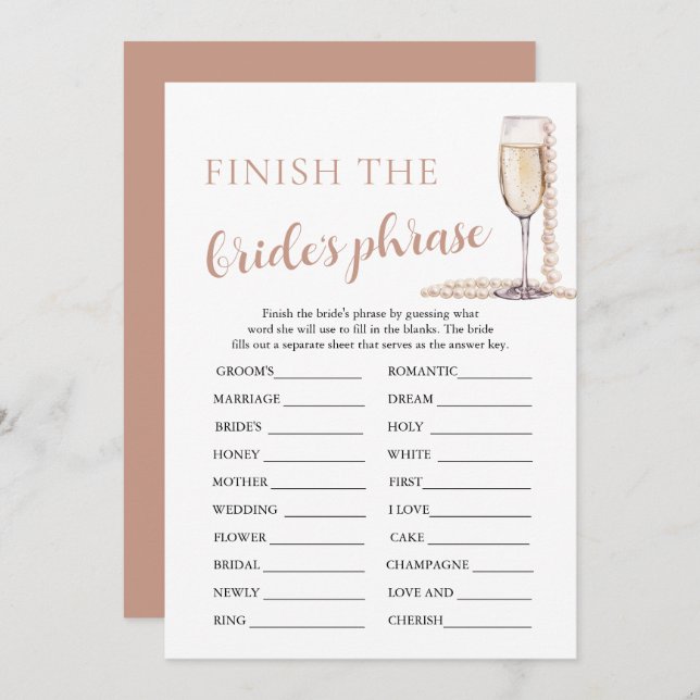 Pearls and Prosecco Finish the Bride's Phrase Game Invitation (Front/Back)