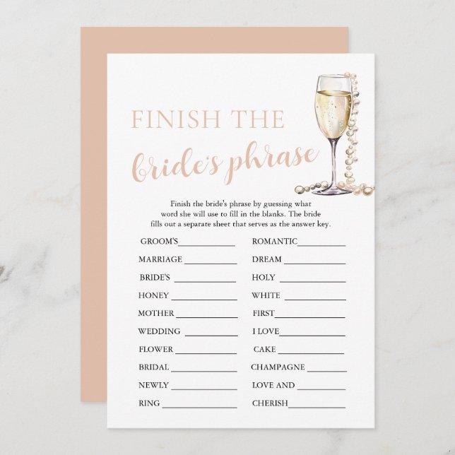 Pearls and Prosecco Finish the Bride's Phrase Game Invitation (Front/Back)