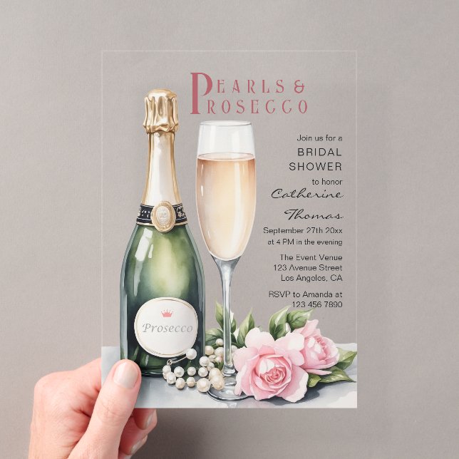 Pearls And Prosecco Floral Elegant Bridal Shower Acrylic Invitations (Insitu (Handheld))