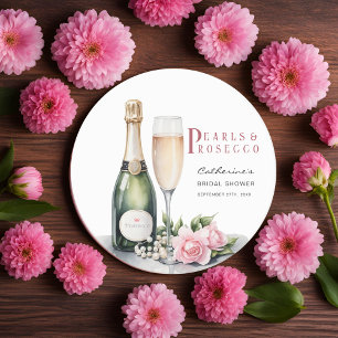 Pearls And Prosecco Floral Elegant Bridal Shower Round Paper Coaster