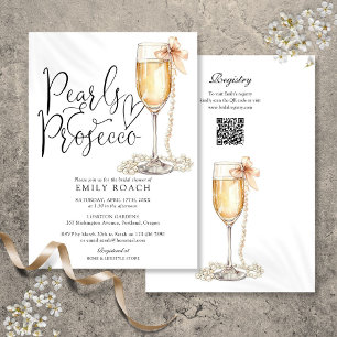 Pearls And Prosecco QR Code Blue Bridal Shower Invitation