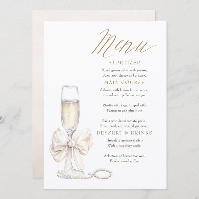 Pearls and Prosecco Whimsical Chic Menu Cards (Front/Back)