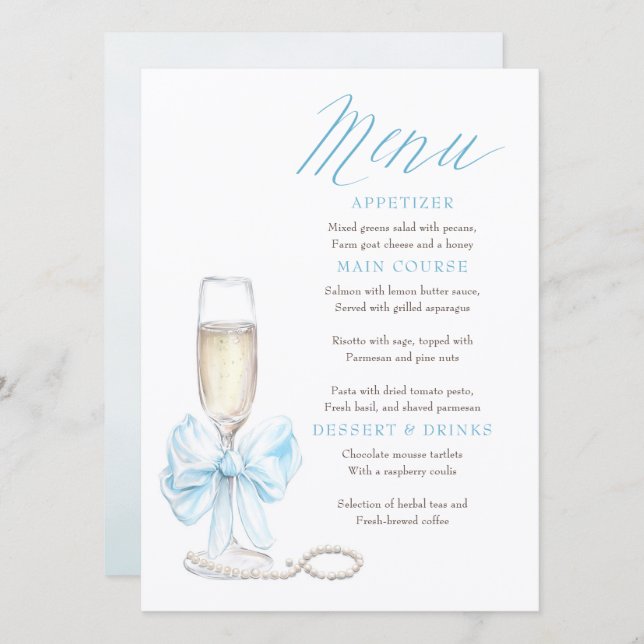 Pearls and Prosecco Whimsical Chic Menu Cards (Devant / Derrière)