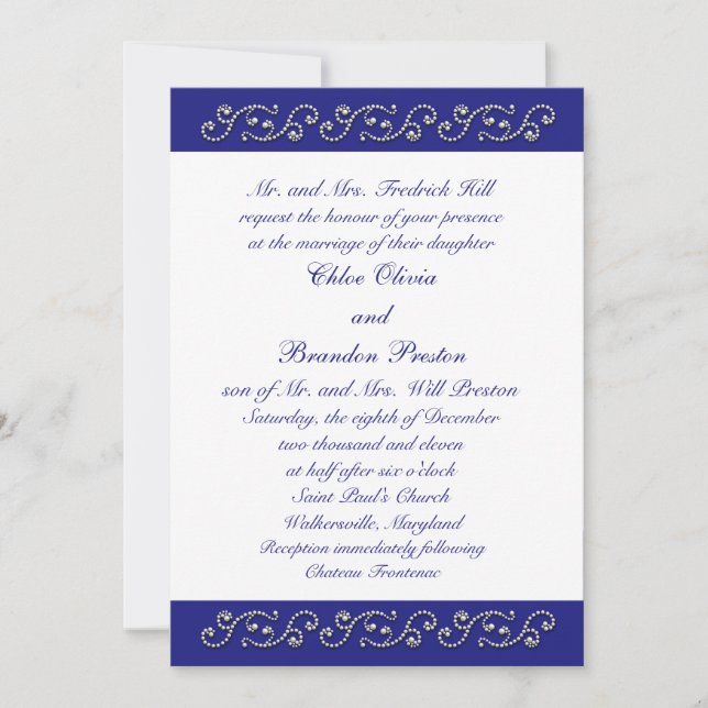 Pearls and Sapphire Blue Wedding Invitation (Front)