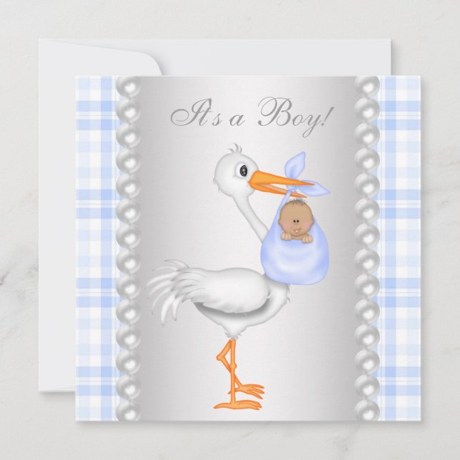 Pearls Blue Gingham Stork Baby Boy Shower Invitation (Front)