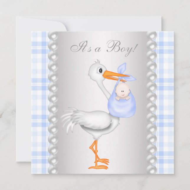 Pearls Blue Gingham Stork Baby Shower Invitation (Front)