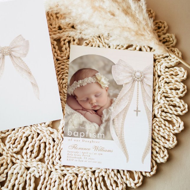 Pearls Bow Ivory elegant Arch Photo Baptism Invitation (Creator Uploaded)