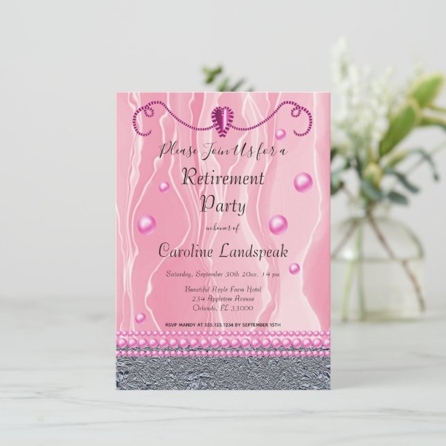 Pearls & Bright Pink Silk Retirement Party Invitation (Standing Front)
