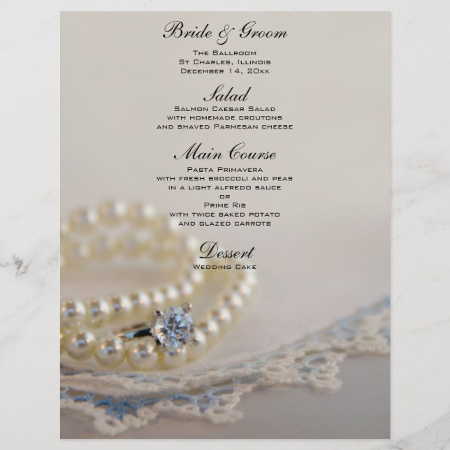 Pearls, Diamond Ring and Blue Lace Wedding Menu (Front)
