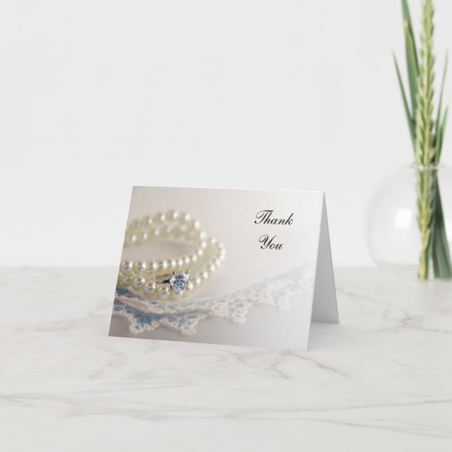 Pearls, Diamond Ring, Blue Lace Wedding Thank You (Front)