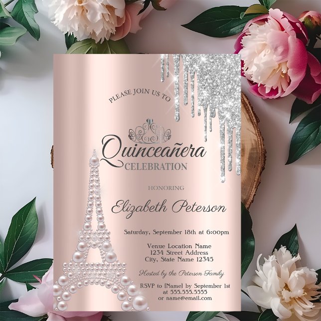 Pearls,Eiffel Tower,Drips Rose Gold Quinceañera Invitation (Creator Uploaded)
