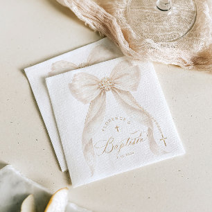 Pearls Elegant Bow Ivory Baptism Napkin