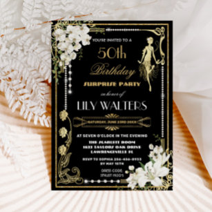 Pearls Floral Art Deco Gatsby Birthday ANY AGE Inv Invitation