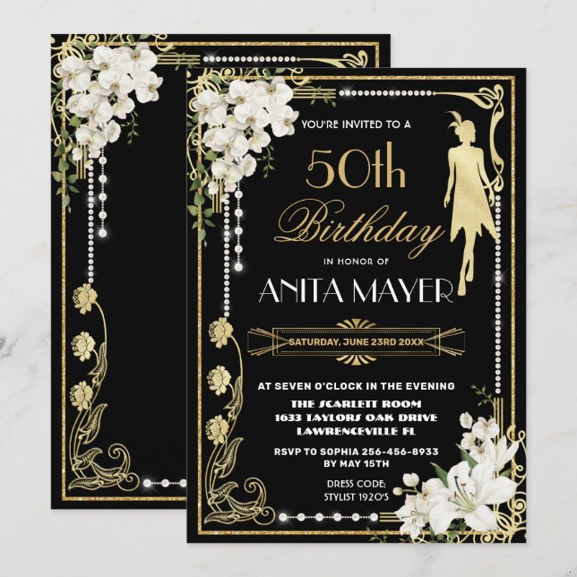Pearls Floral Art Deco Gatsby Birthday ANY AGE Invitation (Front/Back)