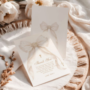 Pearls Gold Bow Girl Baptism Religious Thank You Card