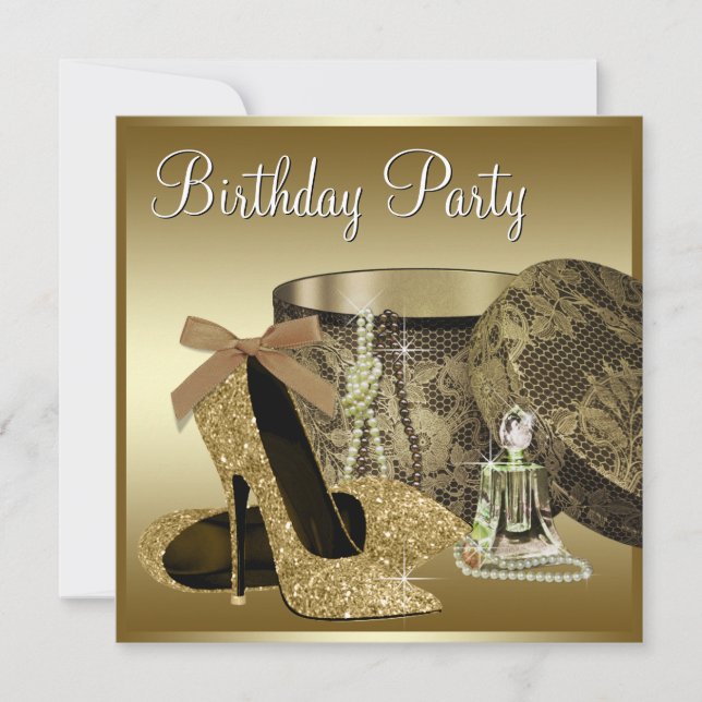 Pearls High Heel Shoes Black Gold Womans Birthday Invitation (Front)
