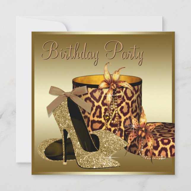 Pearls High Heel Shoes Black Gold Womans Birthday Invitation (Front)