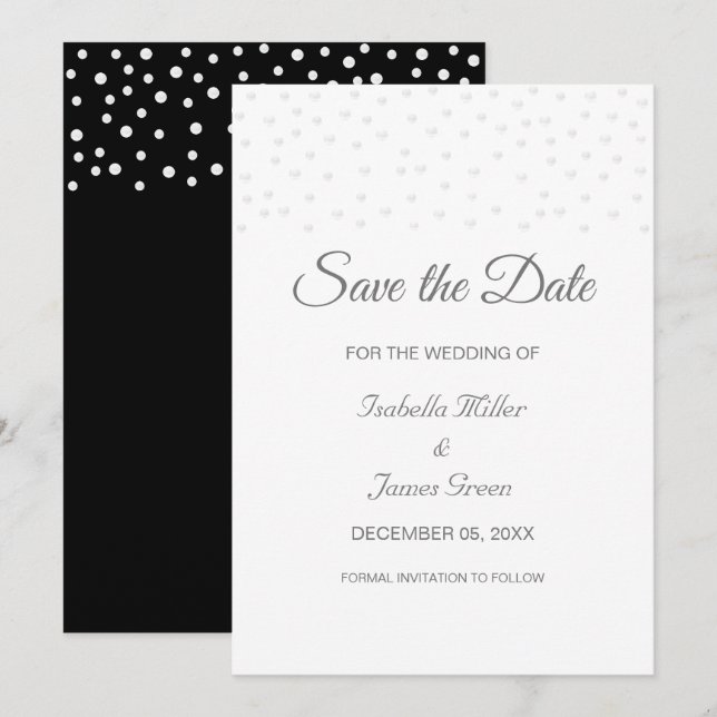Pearls on Black & White Wedding Save the Date Card (Front/Back)