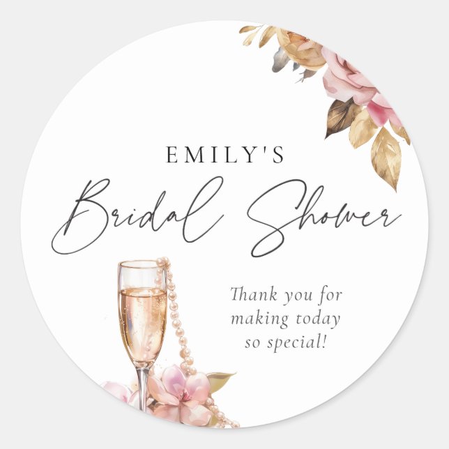Pearls Petals & Prosecco Floral Bridal Shower Classic Round Sticker (Front)