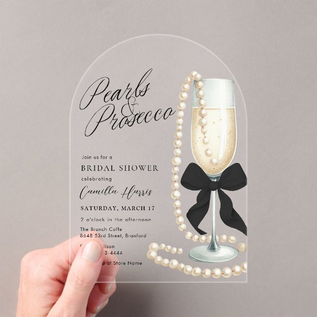 Pearls & Prosecco Black Bow Bridal Shower Acrylic Invitations (Insitu (Handheld))