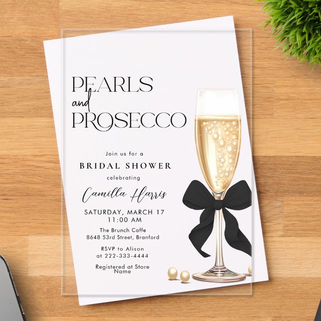 Pearls & Prosecco Black Bow Bridal Shower Acrylic Invitations (Creator Uploaded)