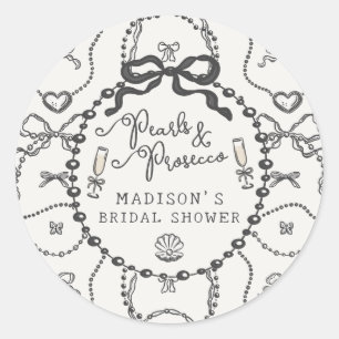 Pearls & Prosecco Black Bow Bridal Shower Favour Classic Round Sticker