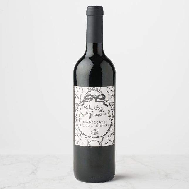 Pearls & Prosecco Black Bow Bridal Shower Favour Wine Label (Front)