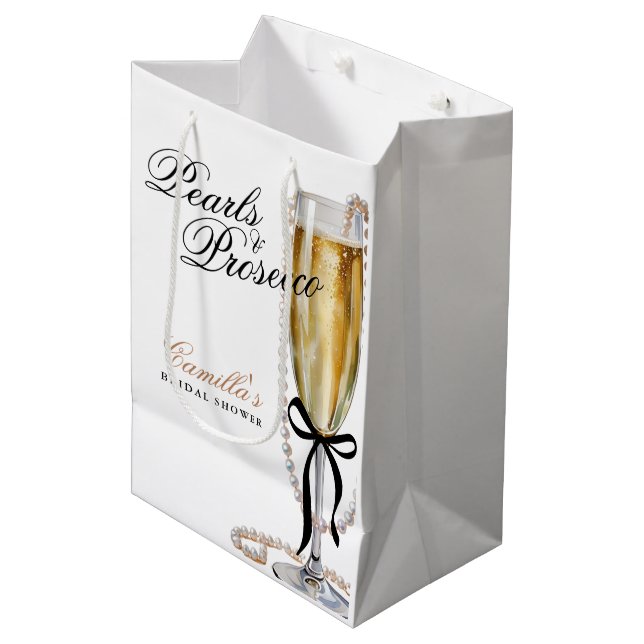 Pearls & Prosecco Black Bow Bridal Shower Medium Gift Bag (Front Angled)