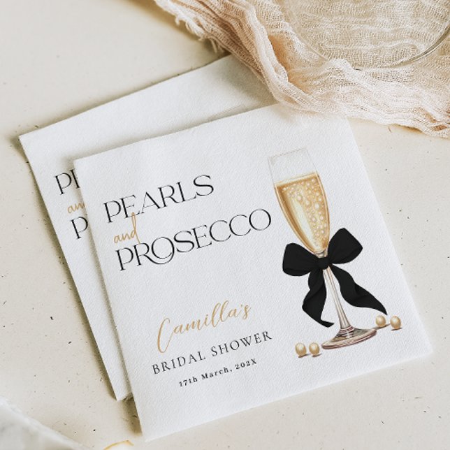 Pearls & Prosecco Black Bow Bridal Shower Napkin (Creator Uploaded)