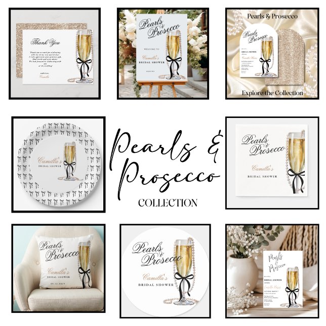 Pearls & Prosecco Black Bow Bridal Shower Throw Pillow (Creator Uploaded)