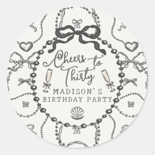 Pearls Prosecco Black Coquette Bow Birthday Favour Classic Round Sticker