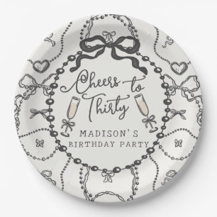 Pearls & Prosecco Black Coquette Bow Birthday Paper Plate