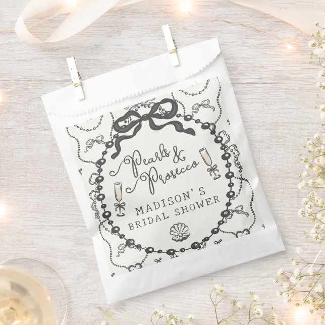 Pearls & Prosecco Black Coquette Bow Bridal Shower Favour Bag (Clipped)