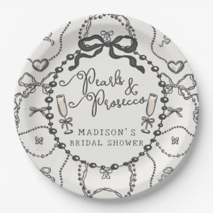 Pearls & Prosecco Black Coquette Bow Bridal Shower Paper Plate