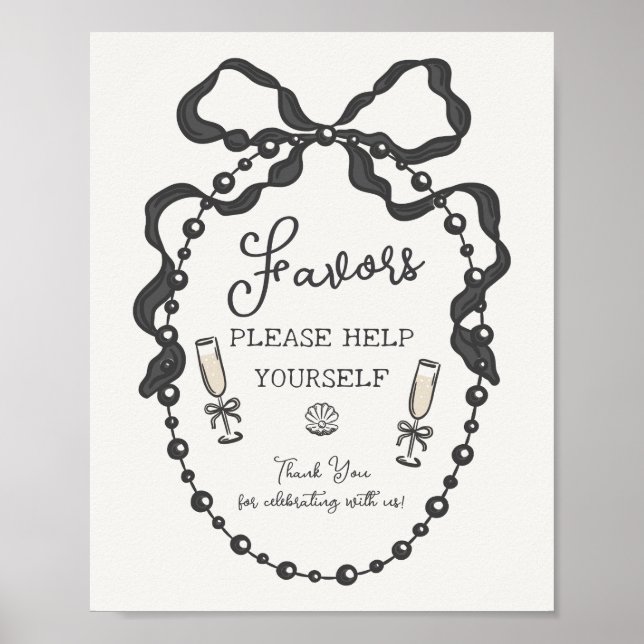Pearls & Prosecco Black Coquette Bow Favours Poster (Front)