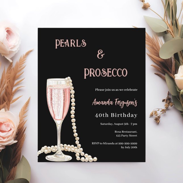 Pearls Prosecco black pink birthday invitation (Creator Uploaded)
