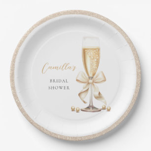 Pearls & Prosecco Bow Bridal Shower Paper Plate