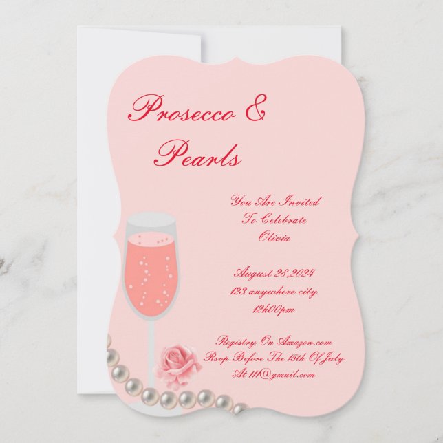 PEARLS & PROSECCO BRIDAL SHOWER PINK  INVITATION (Front)