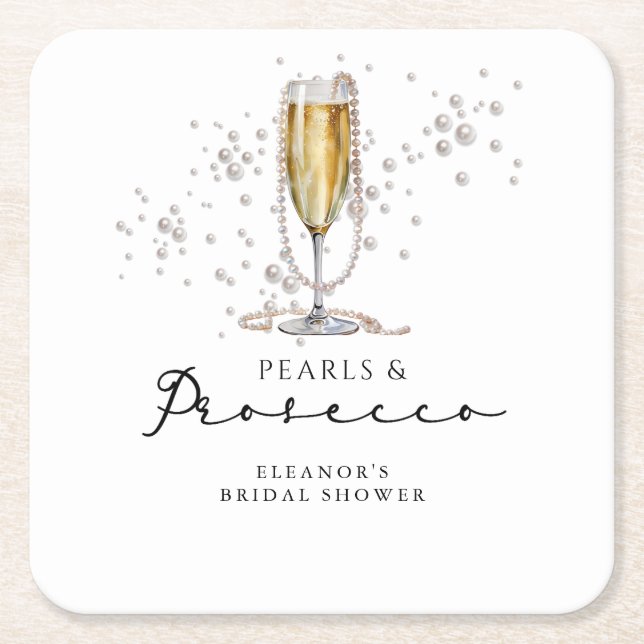 Pearls & Prosecco Bridal Shower Square Paper Coaster (Front)