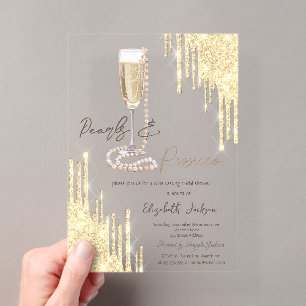Pearls Prosecco Gold Glitter Drips Bridal Shower Acrylic Invitations