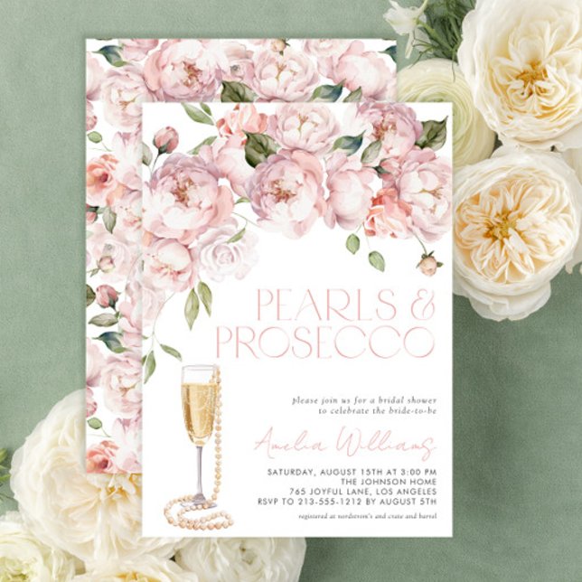 Pearls & Prosecco Modern Pink Floral Bridal Shower Invitation (Get ready for a gorgeous bridal shower with this easy to personalize invitation that sets the tone)