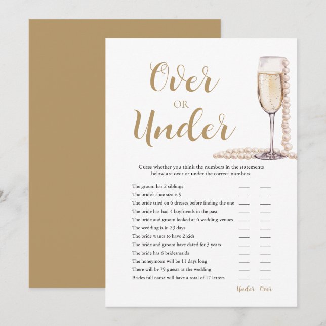 Pearls & Prosecco Over or Under Bridal Shower Game Invitation (Front/Back)
