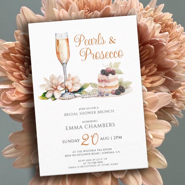 Pearls Prosecco Pink Cake Bridal Shower Brunch Invitation (Creator Uploaded)