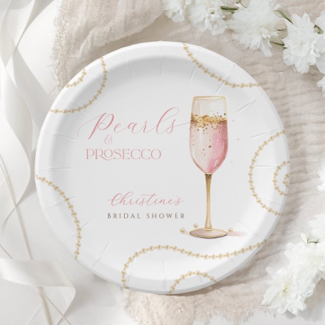 Pearls Prosecco Pink Gold Bridal Shower Paper Plate (Creator Uploaded)