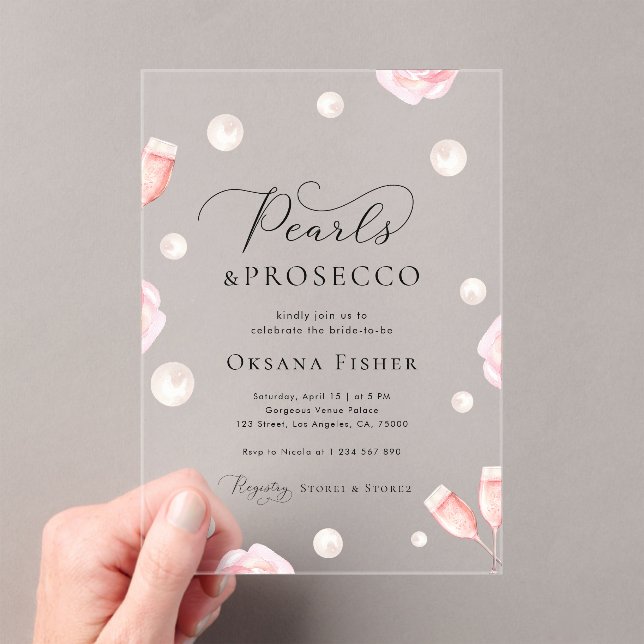 Pearls & Prosecco Pink Transparent Bridal Shower Acrylic Invitations (Insitu (Handheld))